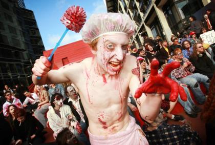 Skye Gellman and his dunny brush of doom get into the undead spirit yesterday.